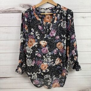 Gypsies & Moondust‎ Floral Blouse V Neck Long Sleeve Bohemian Black Top